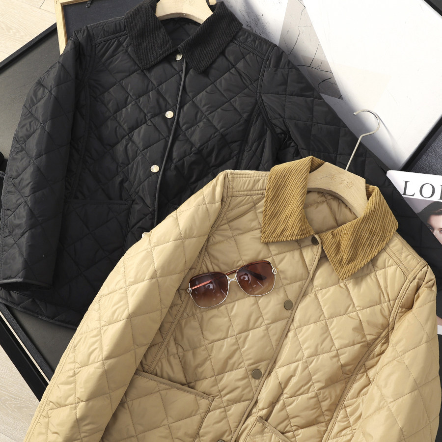 老钱风撞色灯芯绒翻领菱格棉衣