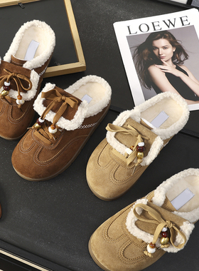 华子家 复古大头勃肯鞋女2025冬季新款厚底加绒半拖鞋雪地靴45305