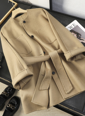 华子家 绵羊毛水波纹宽松口袋圆领双面呢大衣毛呢外套女秋冬45658