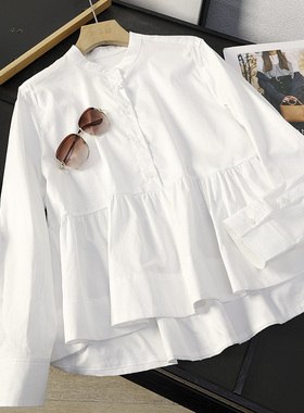 华子家 设计感荷叶边拼接宽松白色立领长袖衬衫女秋季娃娃衫45203