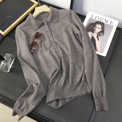 羊毛混纺半开襟polo领针织衫毛衣