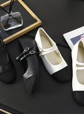 华子家 小香风真皮拼色钻扣平底单鞋子女双扣玛丽珍鞋小皮鞋46310