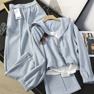 华子家 蓝色休闲运动套装女2026春季新款假两件翻领卫衣卫裤45961