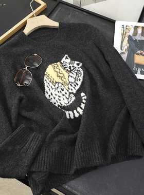 华子家 松弛感绵羊毛混纺猫咪提花圆领针织衫女秋冬套头毛衣45790