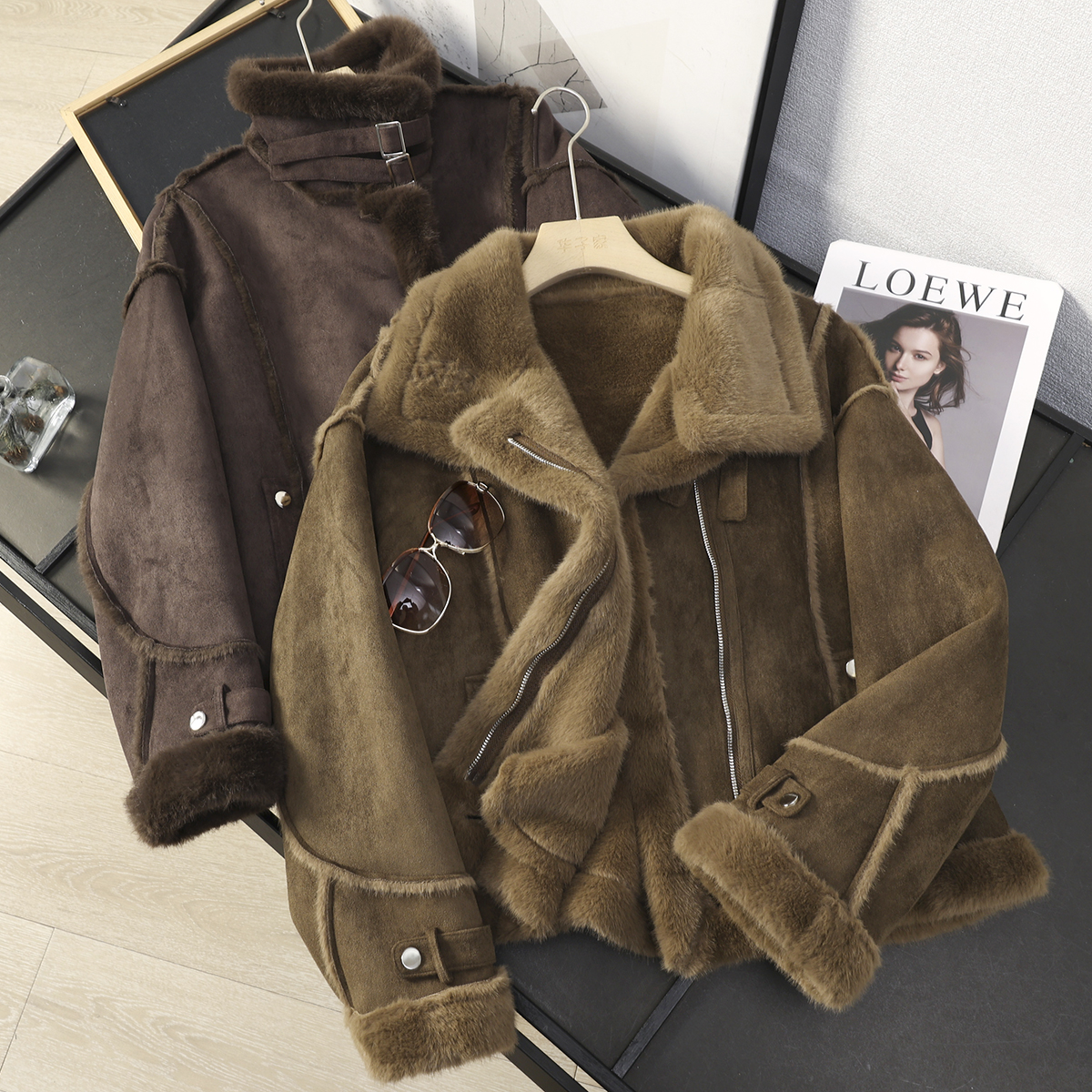 皮毛一体麂皮绒羊羔毛保暖外套女