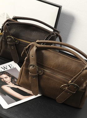 华子家 复古美拉德棕色机车包手提包大容量通勤单肩腋下包女45684