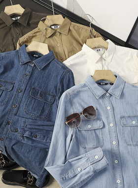 华子家 通勤休闲翻领双口袋全棉长袖牛仔工装衬衫外套女秋季44313