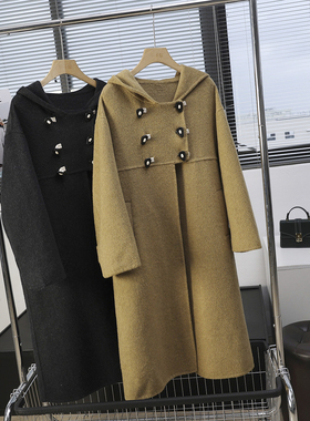 华子家 牛角扣双面呢大衣女2025冬季新款中长款连帽毛呢外套44977