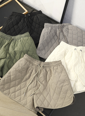 华子家 绗缝菱格加厚夹棉短裤女秋冬抽绳松紧腰a字阔腿靴裤45468