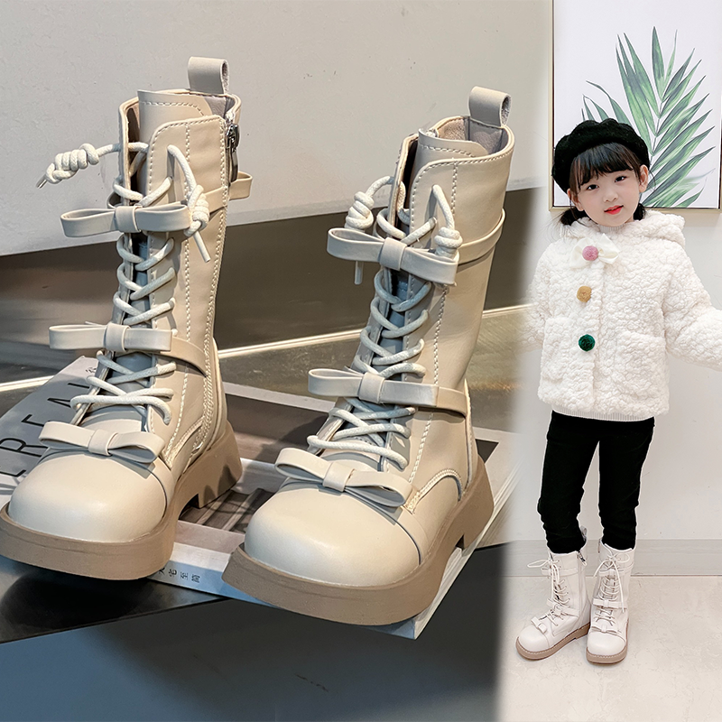 韩版洋气女童高筒马丁靴加绒棉靴