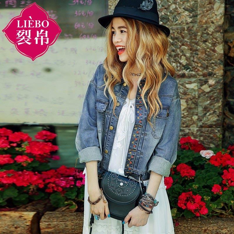 裂帛旗舰店莲灿2019款衣服女装春装短款翻领刺绣长袖牛仔外套百搭