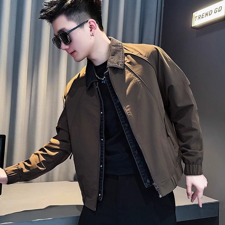 设计感翻领牛仔拼接夹克外套男