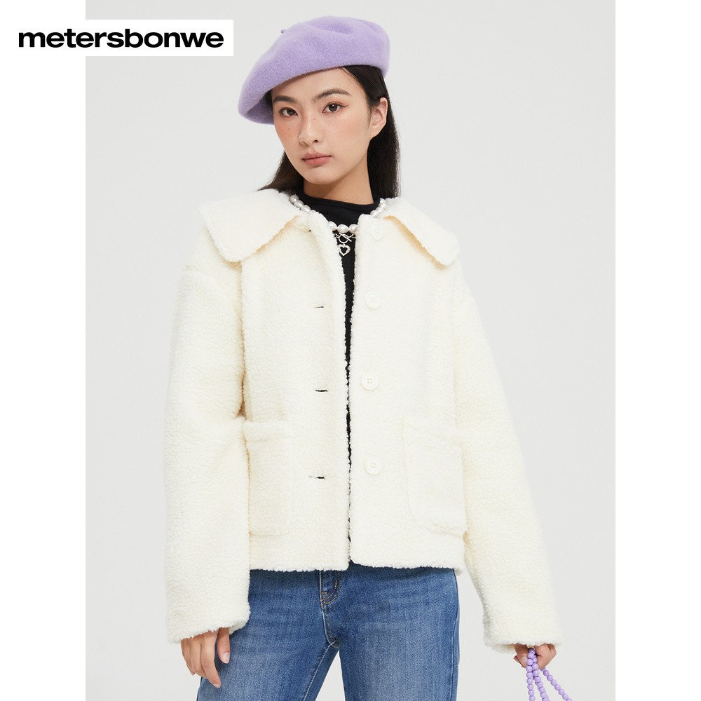 美特斯邦威羊羔毛外套秋冬翻领短款开衫宽松休闲棉衣女上衣731571