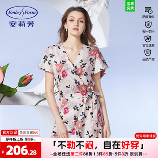 V领绑带开衫 亲肤透气舒适家居裙EL00535 印花短袖 安莉芳睡裙女薄款