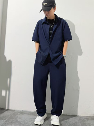 春夏新品竖条纹垂感休闲宽松衬衫套装时尚潮流百搭直筒长裤两件套