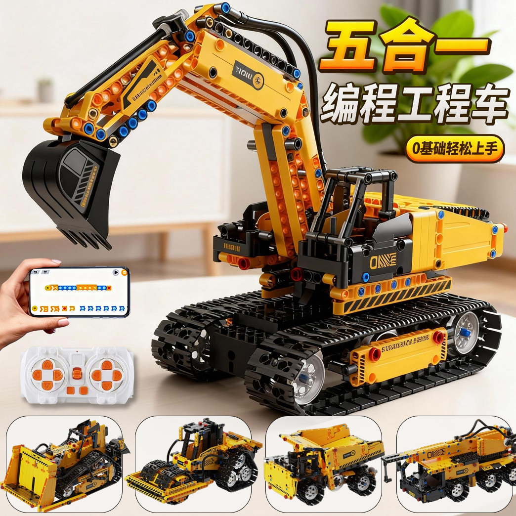 男孩积木编程遥控挖掘机挖土机工程车拼装模型玩具6-12岁生日礼物