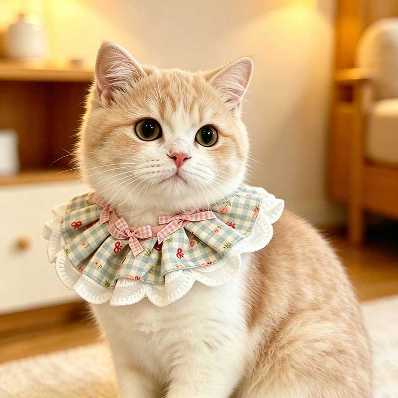 英短金渐层格子樱桃猫咪围脖 布偶猫蕾丝公主风领结口水巾项圈