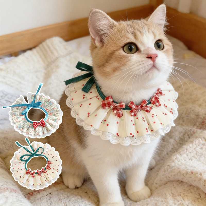 清新田园风猫咪狗狗蕾丝围脖 樱桃印花宠物项圈 拍照神器