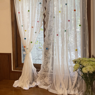 白纱蕾丝纱帘清新奶油色卧室法式田园风窗帘儿童彩色圆点隔断门帘