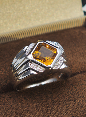 轻奢方形天然黄水晶925银戒指