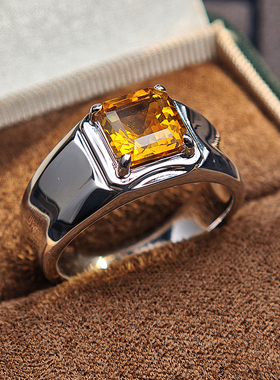 轻奢时尚百搭925纯银天然黄水晶简约男士戒指高级设计感个性刻字