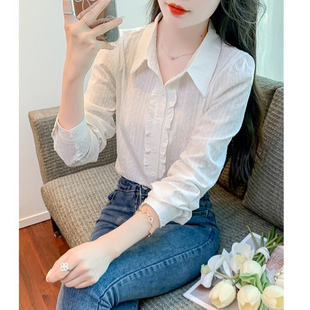 蓝色衬衫女春装女款2026年新款百搭纯棉长袖白衬衣荷叶边气质上衣