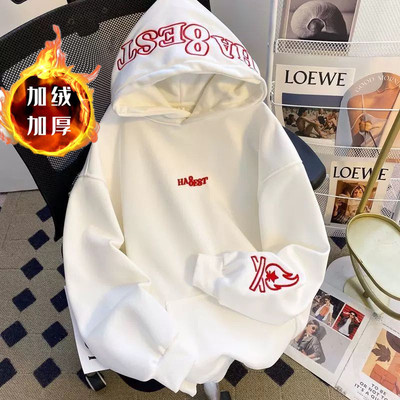 加绒连帽卫衣男2025秋冬帅气男外套加厚上衣休闲套头宽松白色帽衫