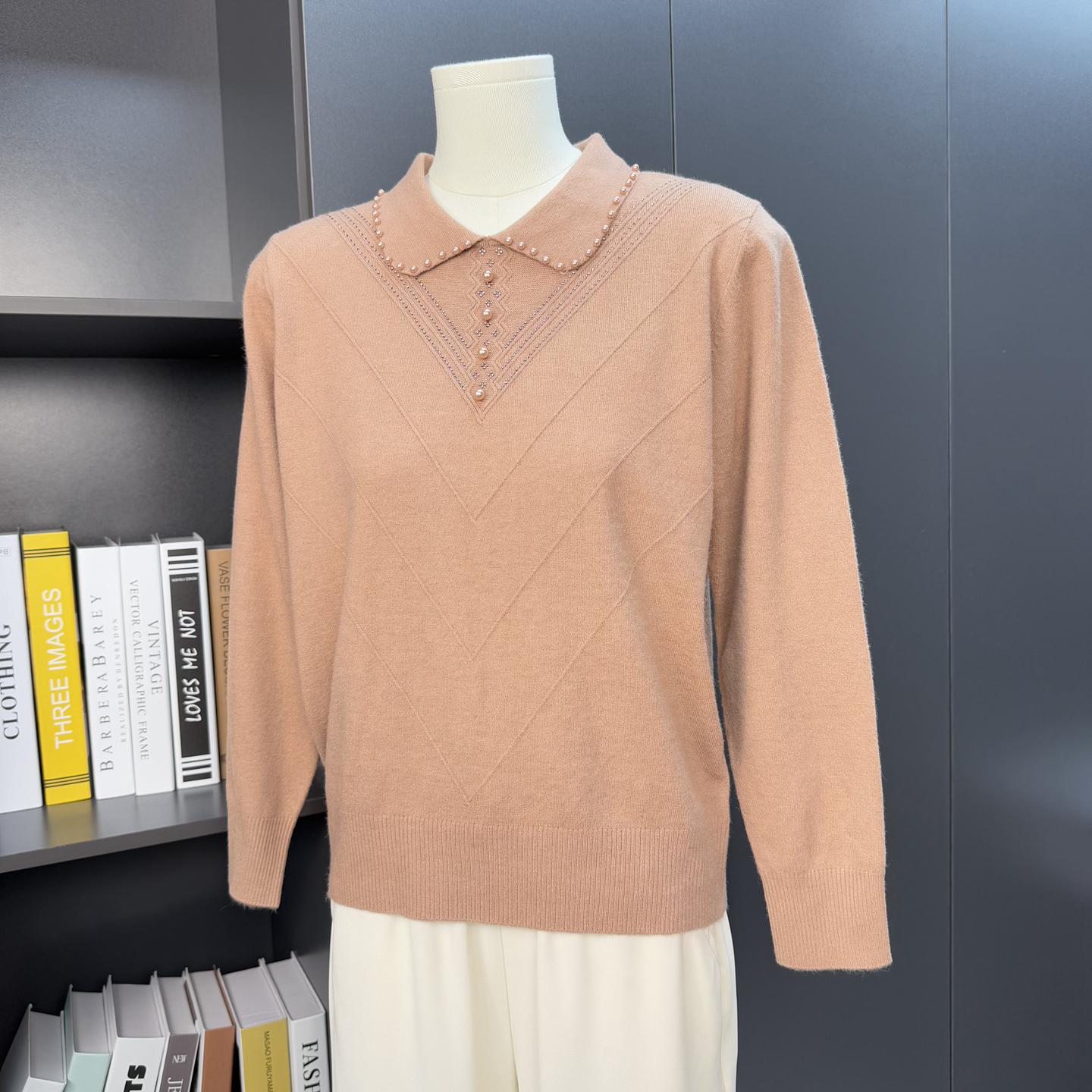 妈妈装秋冬季针织衫女长袖上衣中老年人衣服宽松薄款钉珠打底小衫