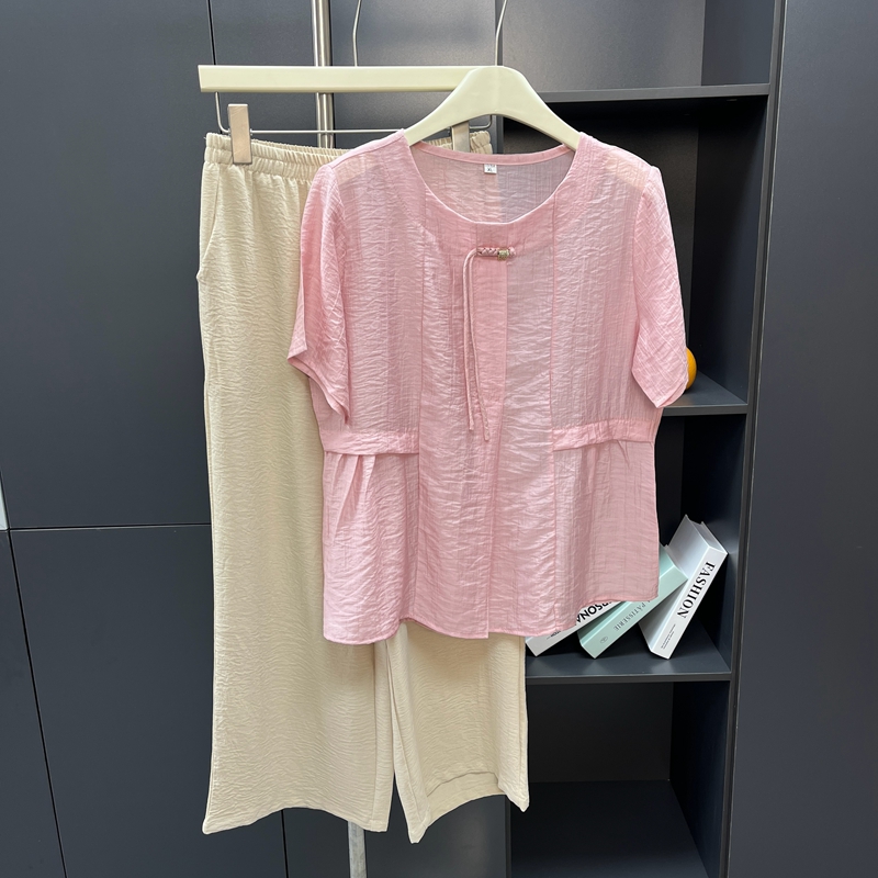 妈妈夏2025新款女装短袖T恤中老年人上衣套装宽松薄款两件套衣服