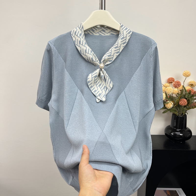 中年妈妈夏装短袖高贵小衫2025新款洋气T恤中老年女冰丝针织上衣
