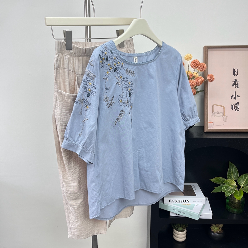 妈妈装夏季苎麻短袖T恤高贵小衫套装洋气棉麻中老年女衣服两件套