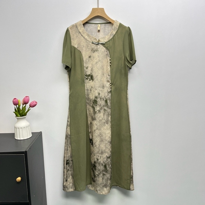 妈妈装夏季复古短袖连衣裙高贵拼接气质圆领中老年宽松遮肚中长裙