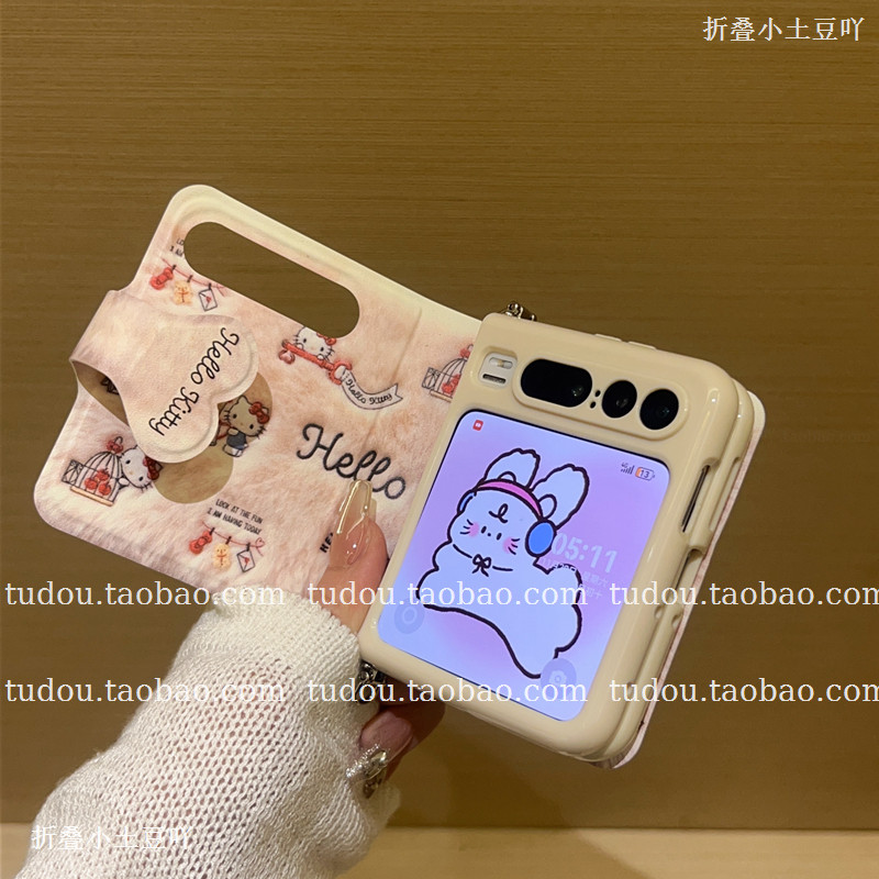 新品秋冬可爱kt猫适用华为purax手机软壳硅胶novaflips折叠屏保护套皮质mix手提挂绳magicvflip2斜挎vivo防摔