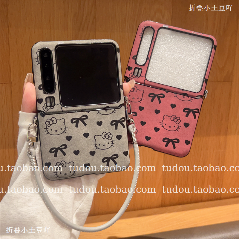 新品适用华为purax手机壳全包皮质kt猫蝴蝶magicvflip2折叠屏保护mix手提挂绳razr60ultra铰链防摔pocket斜挎