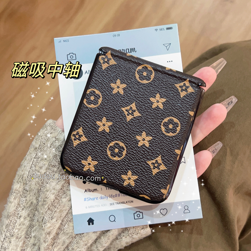 适用于小米mixflip2手机壳皮质全包老花中轴磁吸荣耀magicvflip2折叠保护套nova手提斜挎三星zflip6防摔男女