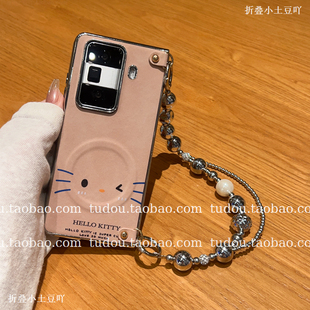 新品电镀银可爱kt猫适用荣耀magicv5手机壳典藏vivoxflip3pro折叠屏保护华为matex6手提zfold7/6挂绳防摔斜跨