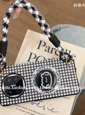 韩系黑格中轴磁吸支架猫适用荣耀magicv5手机壳matex6保护套折叠屏vivoxfold5手提VS3挂绳zfold7防摔新款男女