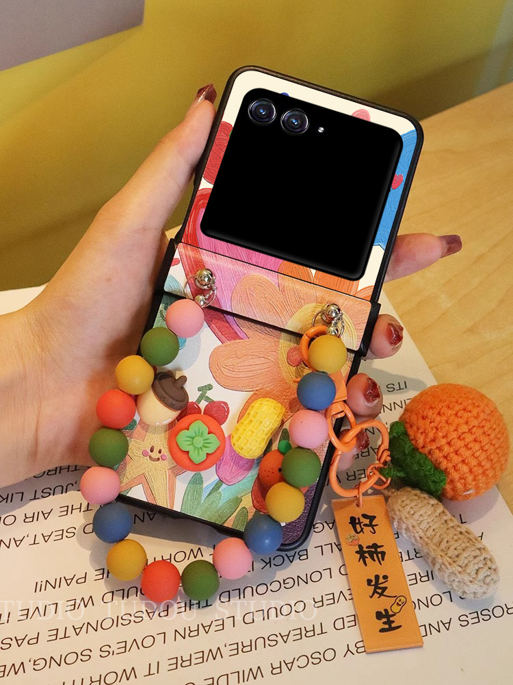 适用于摩托罗拉razr50ultra手机壳全包边卡通花朵油画RAZR50折叠屏保护壳铰链糖果手提挂绳razr60ultra新款