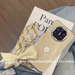 小香风ins渐变皮纹山茶花适用华为MateX6手机壳中轴磁吸magicvs3折叠屏X7典藏版手提vivoxfold5pro防摔保护套