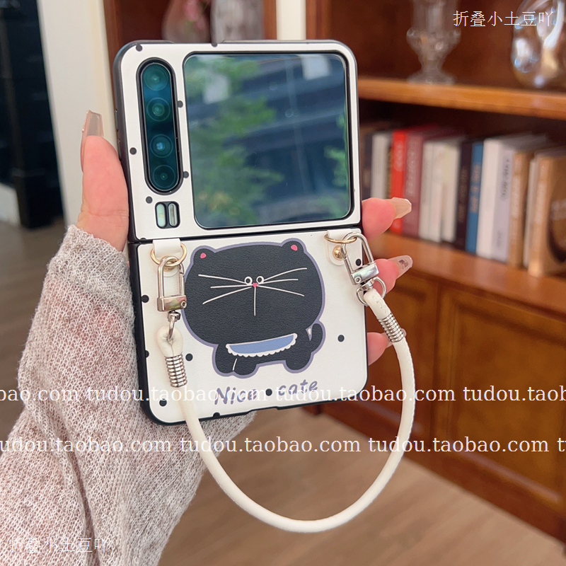 适用华为purax手机壳皮质可爱黑猫典藏版razr60ultra手提mix挂绳magicvflip折叠屏nubiaflip2保护zflip6防摔