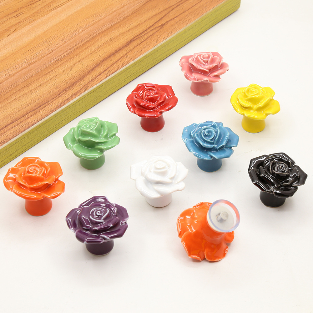 免打孔玫瑰陶瓷拉手纯手工捏造陶瓷花家具柜门衣柜抽屉拉手单孔