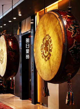 酒店餐厅茶楼茶艺馆会所店面挂墙装饰牛皮鼓新中式彩绘榻榻米茶几