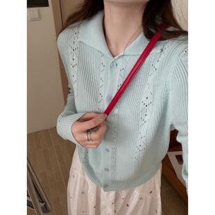 镂空翻领针织开衫 毛衣短款 女2026春季 薄款 小个子上衣潮 新款 此外