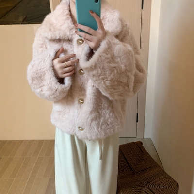 此外翻领短款仿皮草外套女