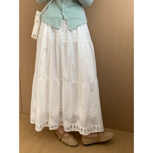 甜美气质裙子淑女 新款 此外 松紧腰白色刺绣重工半身裙女2026春季