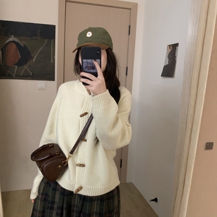 此外 圆领韩版牛角扣针织开衫女2025秋冬新款中长款毛衣外套减龄