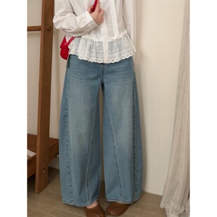 新款 女2026春季 宽松显瘦弯刀裤 韩版 子 此外 裤 弧形设计九分牛仔裤