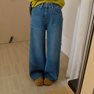 保暖显瘦阔腿裤 新款 女2025冬季 此外深蓝色复古水洗加绒直筒牛仔裤