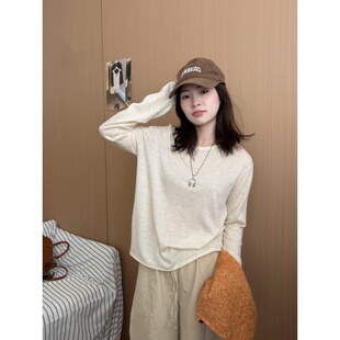 此外 含亚麻细针织打底衫女2026春季新款圆领基础版长袖T恤内搭潮