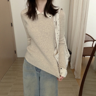 此外 翻领拼色针织衫女2025冬季新款弹力显瘦打底衫韩版气质毛衣